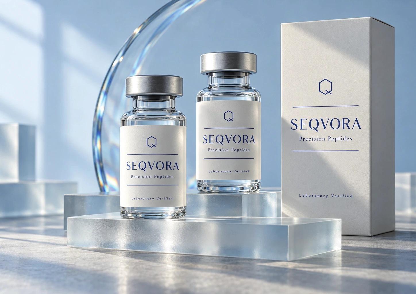 SEQVORA light packaging: clear glass, silver caps and white labels with a blue logo