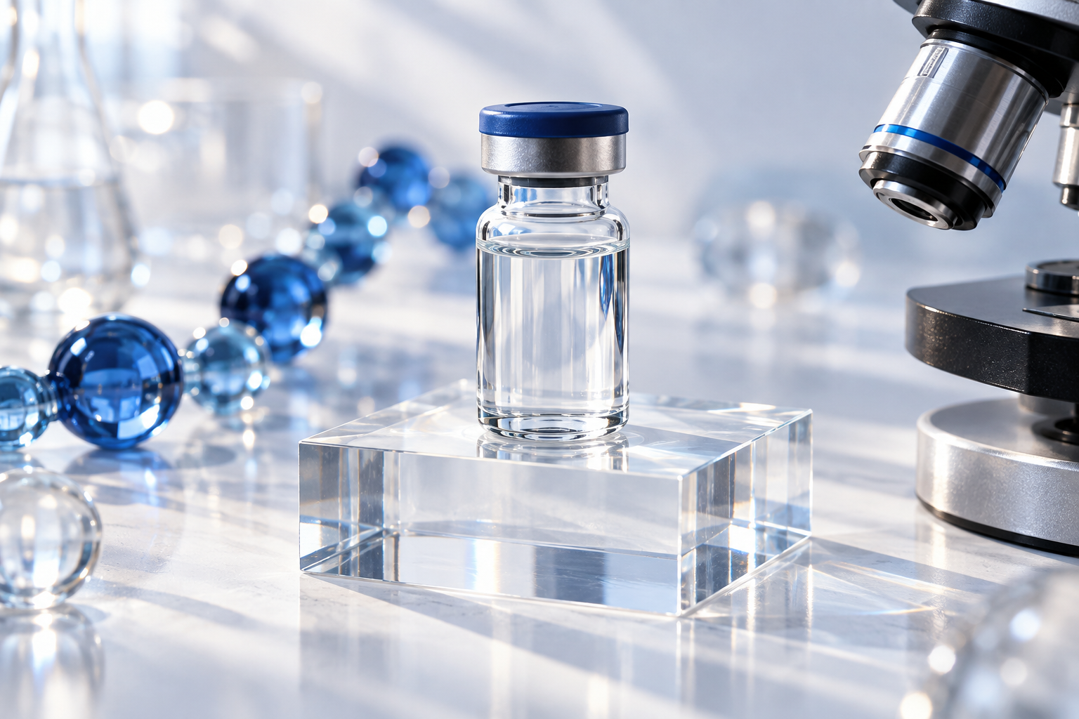 A research vial and microscope optics illustrating BPC-157 research.