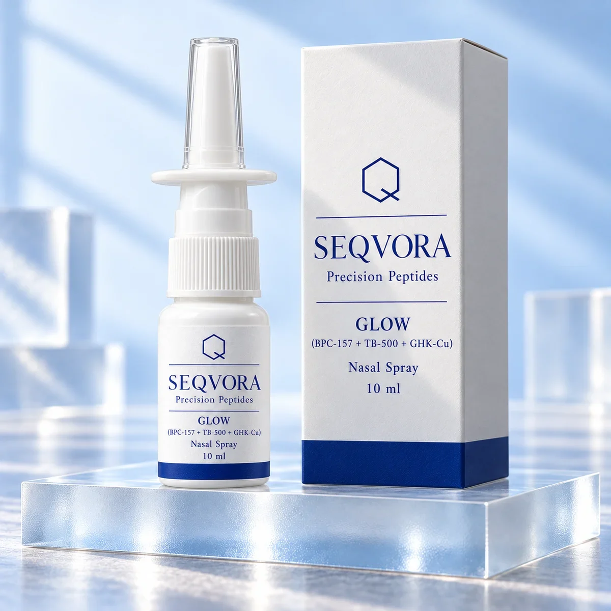 GLOW (BPC-157 + TB-500 + GHK-Cu) Nasal Spray, 10 ml — SEQVORA packaging visualization