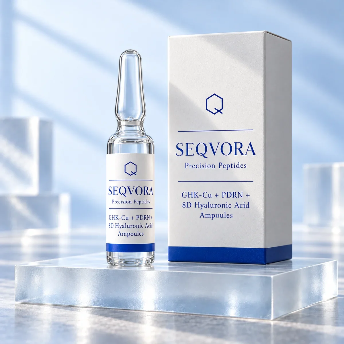 SEQVORA packaging concept: GHK-Cu + PDRN + 8D Hyaluronic Acid Ampoules