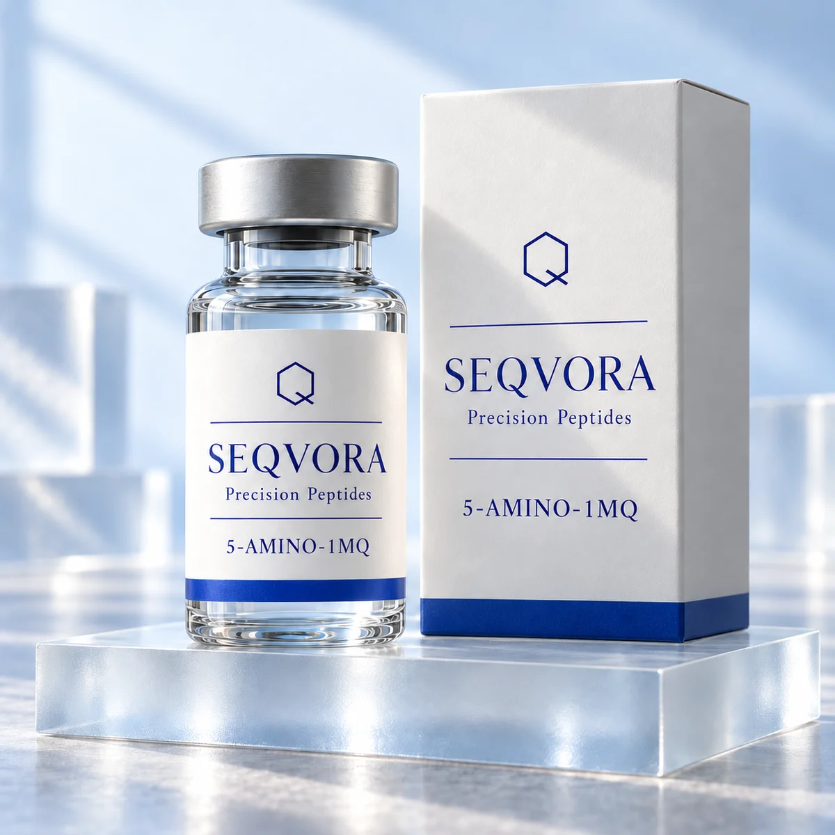 5-AMINO-1MQ — SEQVORA packaging concept in white and blue