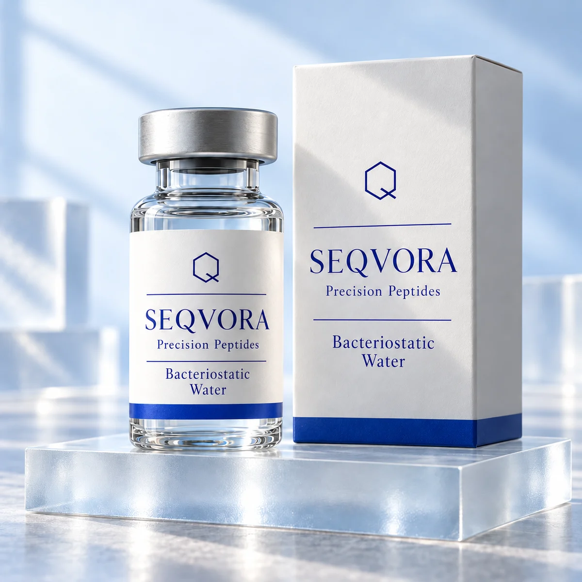 Bacteriostatic Water — SEQVORA packaging concept in white and blue